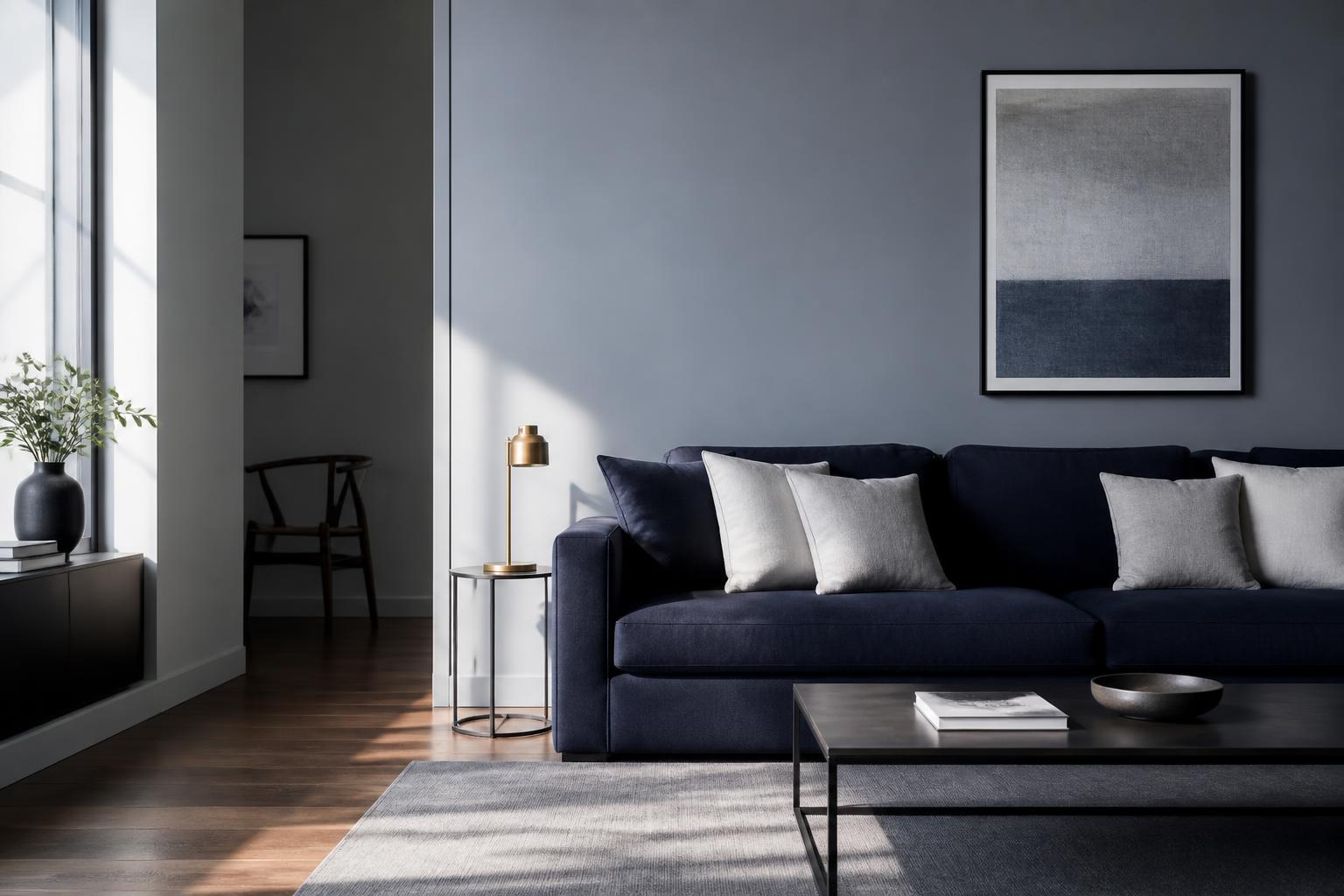 Tidy living room with a deep navy sofa and aligned linen cushions in morning light